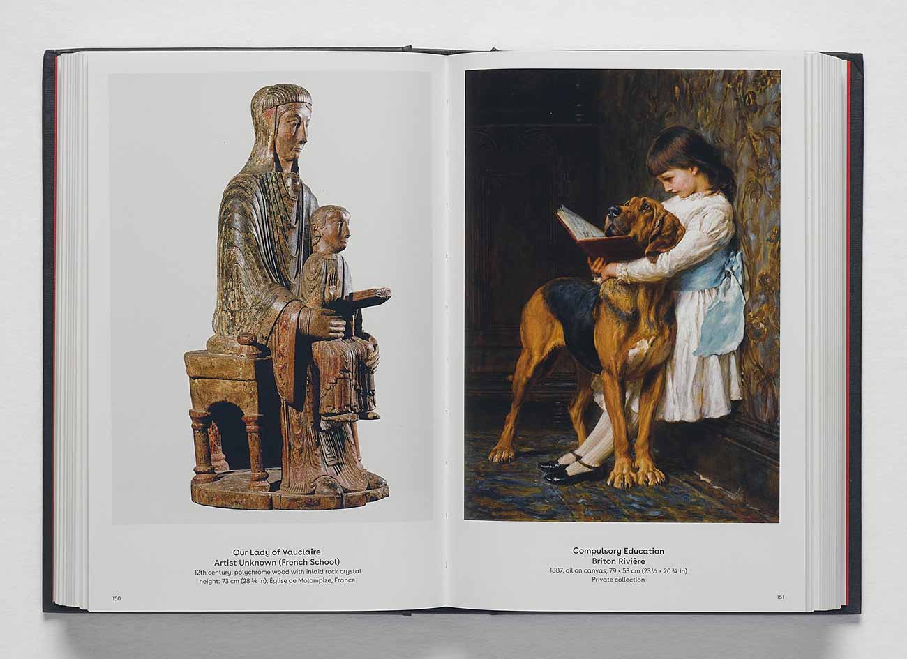 Book spread with a sculpture of a mother and child at left and a painting of a girl reading a book to a dog at right