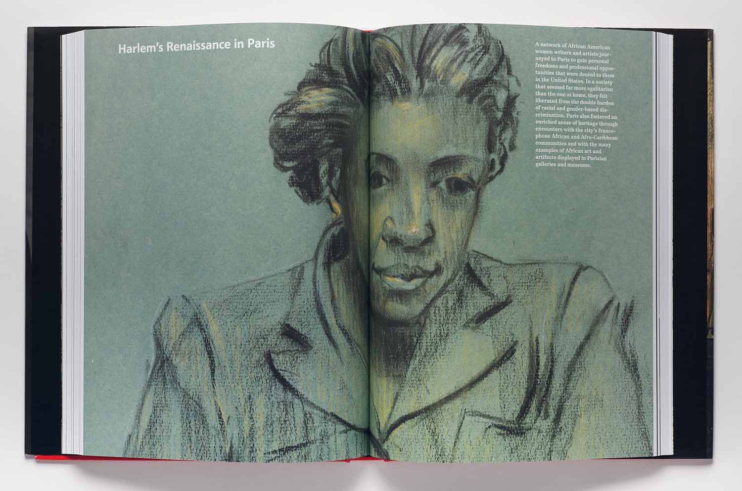 Book spread of a title page reading "Harlem's Renaissance in Paris" and an artwork detail of a woman in a collared jacket