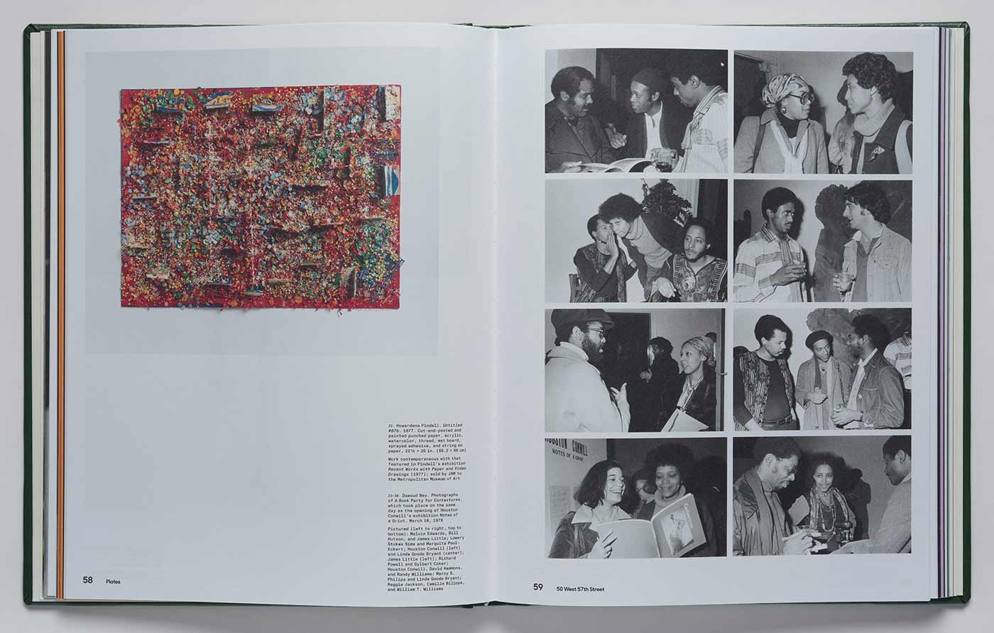 Book spread featuring a colorful abstract artwork at left and photos of people at gallery events at right