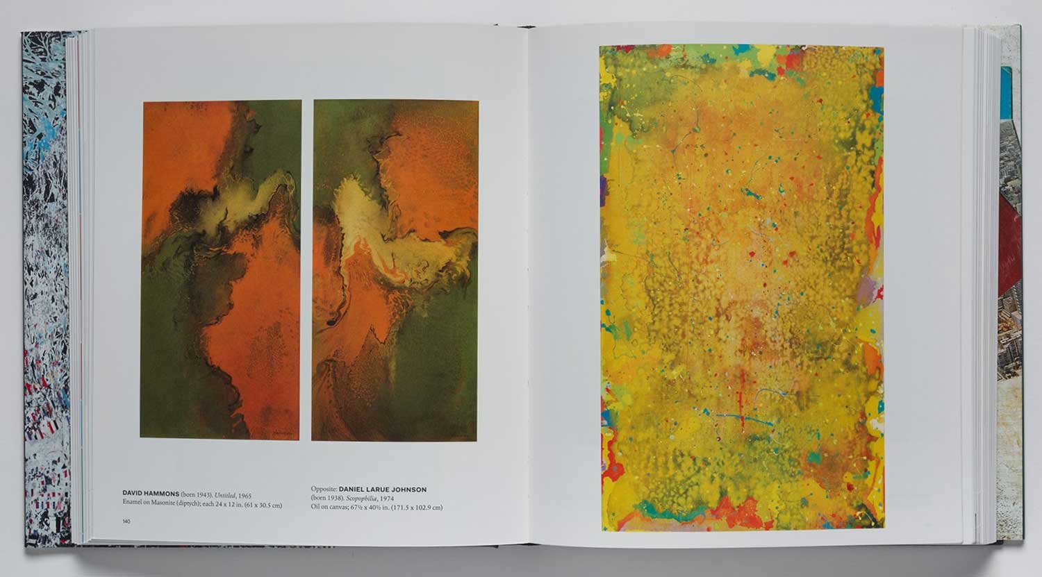 Book spread featuring two colorful abstract paintings