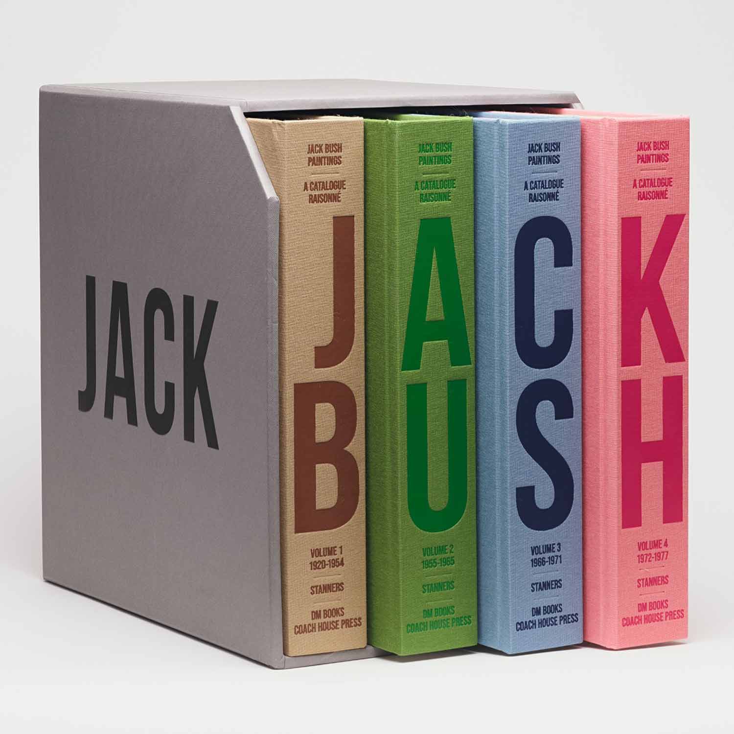 Set of four differently colored books whose spines spell out "Jack Bush"