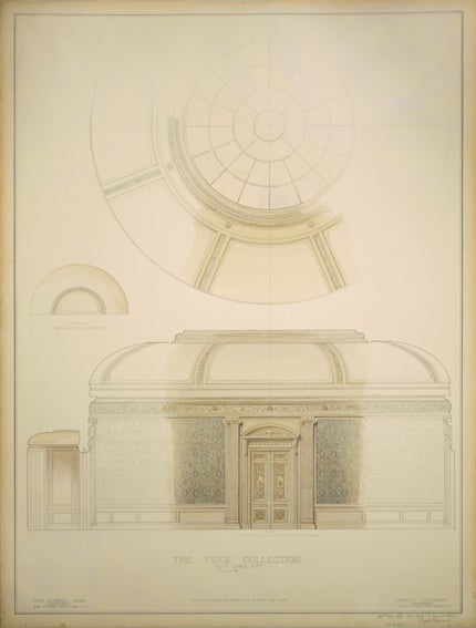 elevation drawing of Music Room of The Frick Collection including dome closeup, circa 1935 