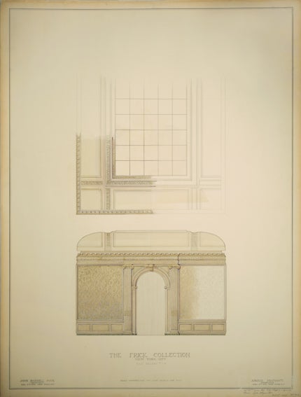 elevation drawing of Frick's East Gallery depicting skylight and door, circa 1935