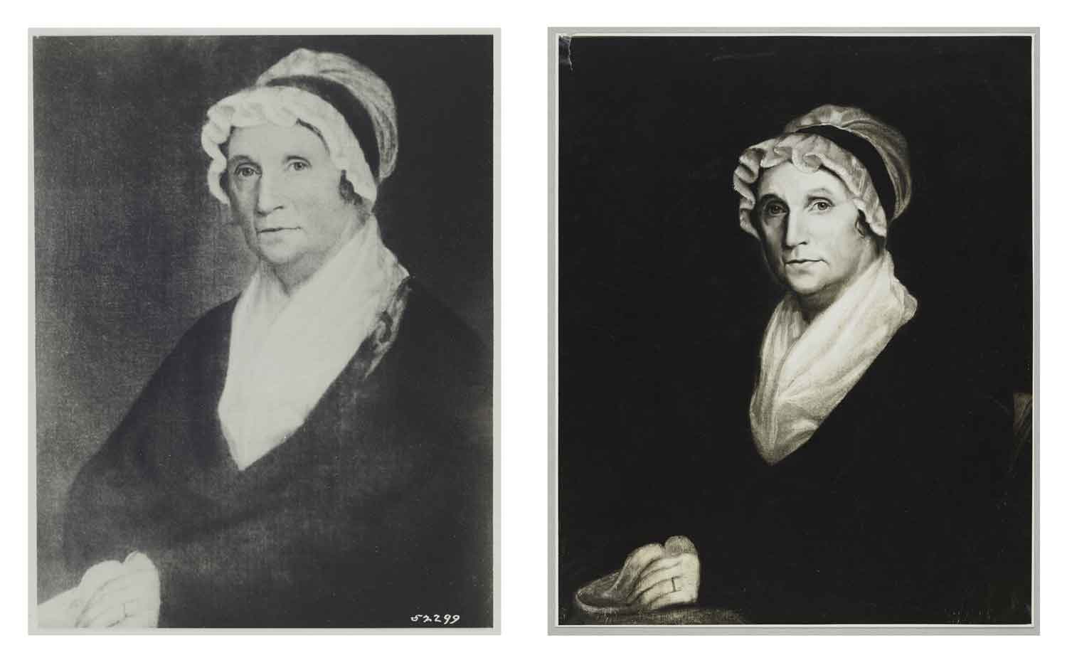 Two reproductions of the same half-length portrait of an older woman dressed in a white shawl and bonnet showing the work before and after restoration.