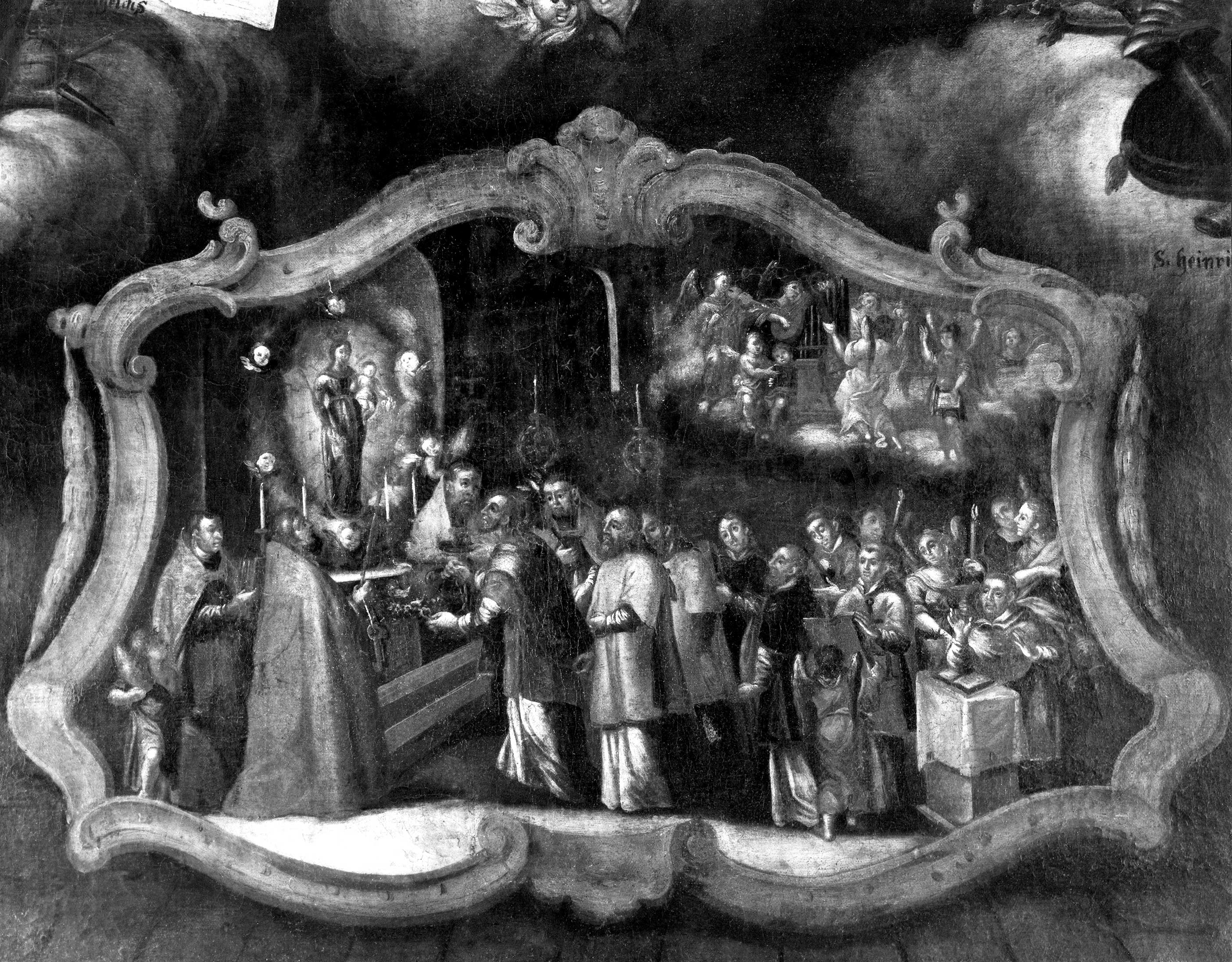 Detail of the lower section of a religious painting, which depicts the celebration of the Mass at a small altar.