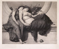 two slumbering women in voluminous draperies recline on a marble banquette.