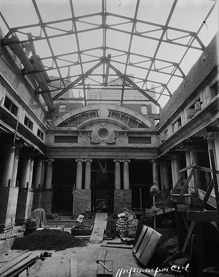 photo of The Frick Garden Court, under construction, with exposed ceiing circa 1934 