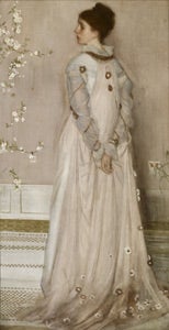 woman standing with back turned, dressed in white dress adorned with flowers, 