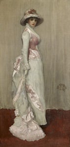 painting of woman standing in pink and gray dress with hat