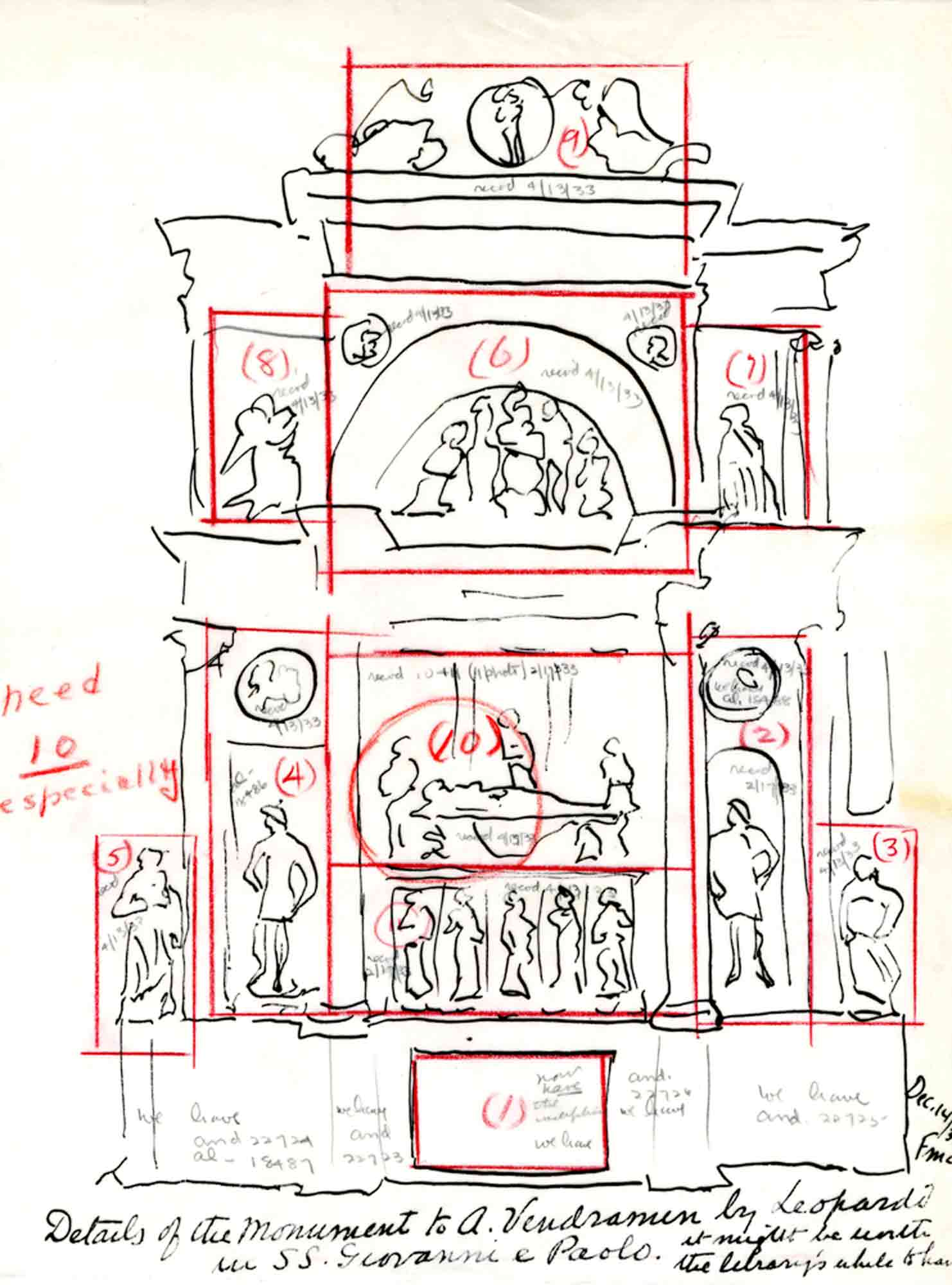 A sketch of the reconstruction of a Renaissance tomb.