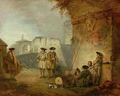 painting of soldiers seated and standing against walll