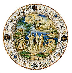 Maiolica dish with The Judgment of Paris after Raphael, Fontana workshop, c. 1565, tin-glazed earthenware, The Frick Collection, gift of Dianne Dwyer Modestini in memory of Mario Modestini