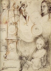 Gabriel de Saint-Aubin (1724-1780), Sheet of Studies Including a Portrait of Mademoiselle Clairon, 1773, Black chalk, brush and colored washes, 22.9 x 16.8 cm, Muse du Louvre, Paris, Dpartement des Arts graphiques, Livre des Saint-Aubin, fol. 21