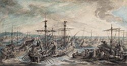 The Naval Battle near Ecnomus (256 BC),1763, watercolor and gouache, pen and black and brown inks, black chalk, The J. Paul Getty Museum, Los Angeles (cat. no. 10, bottom).