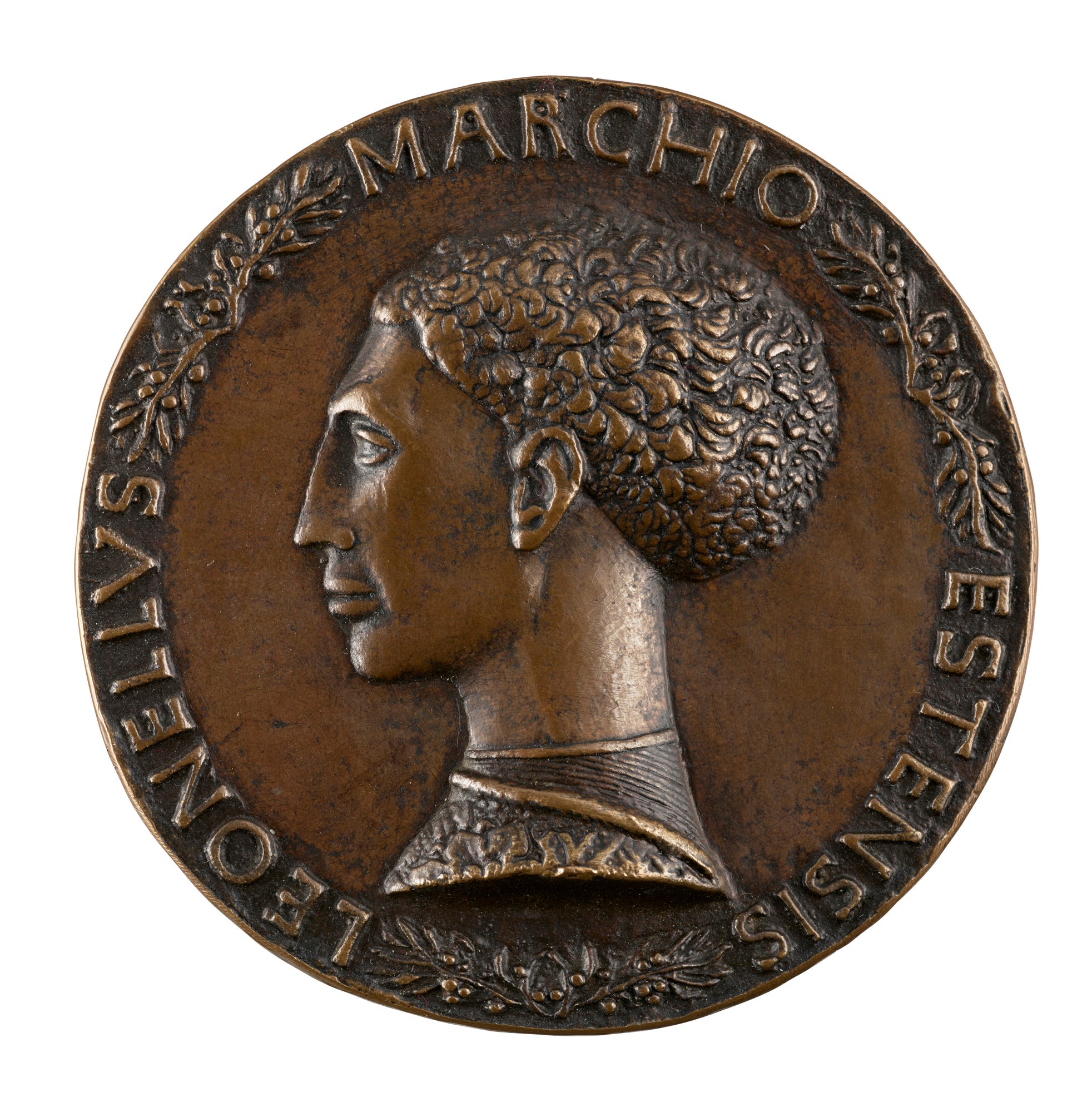 circular bronze medal with relief of woman in profile
