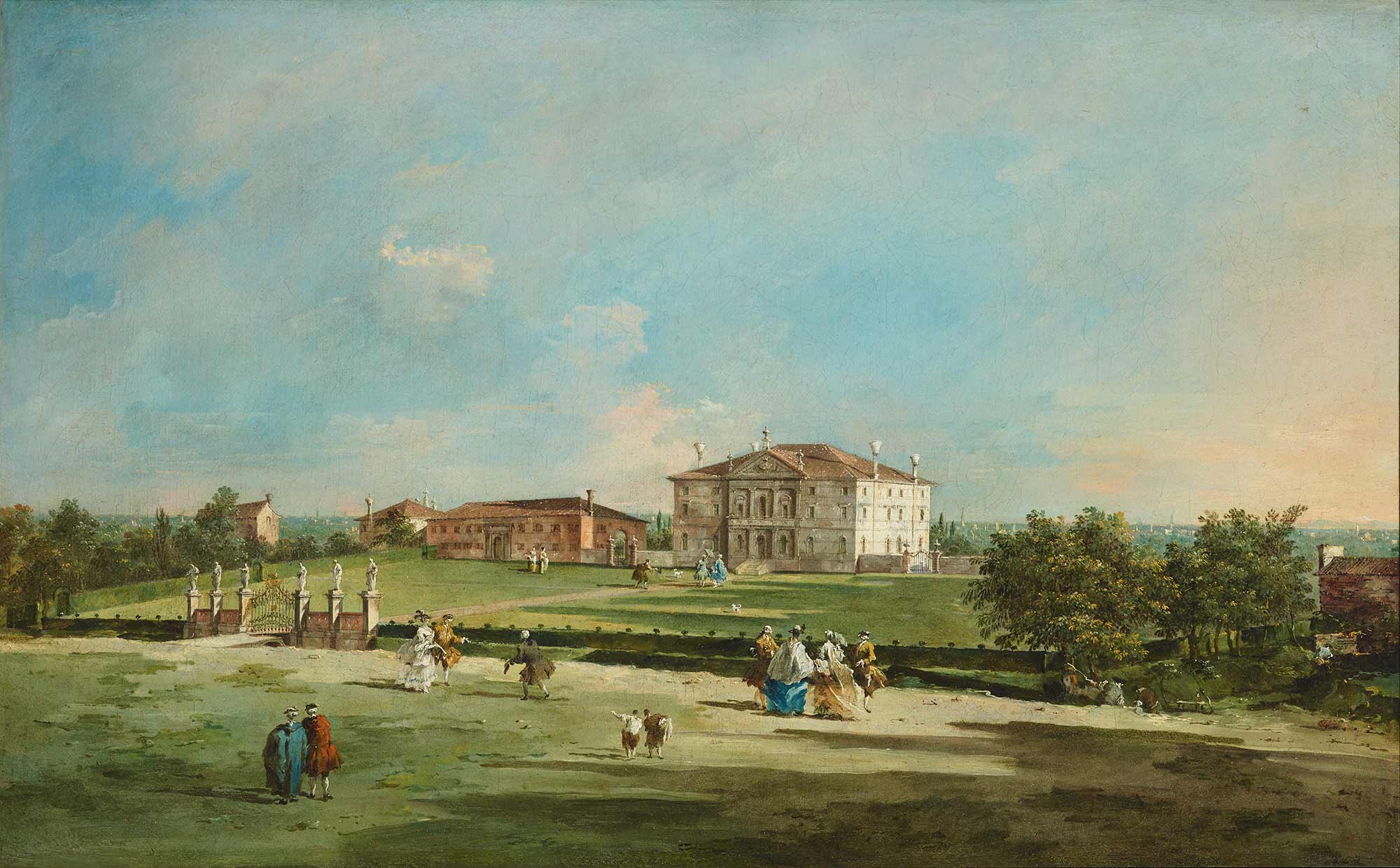 oil painting depicting grand villa lawns populated with men, women and dogs, circa 1700