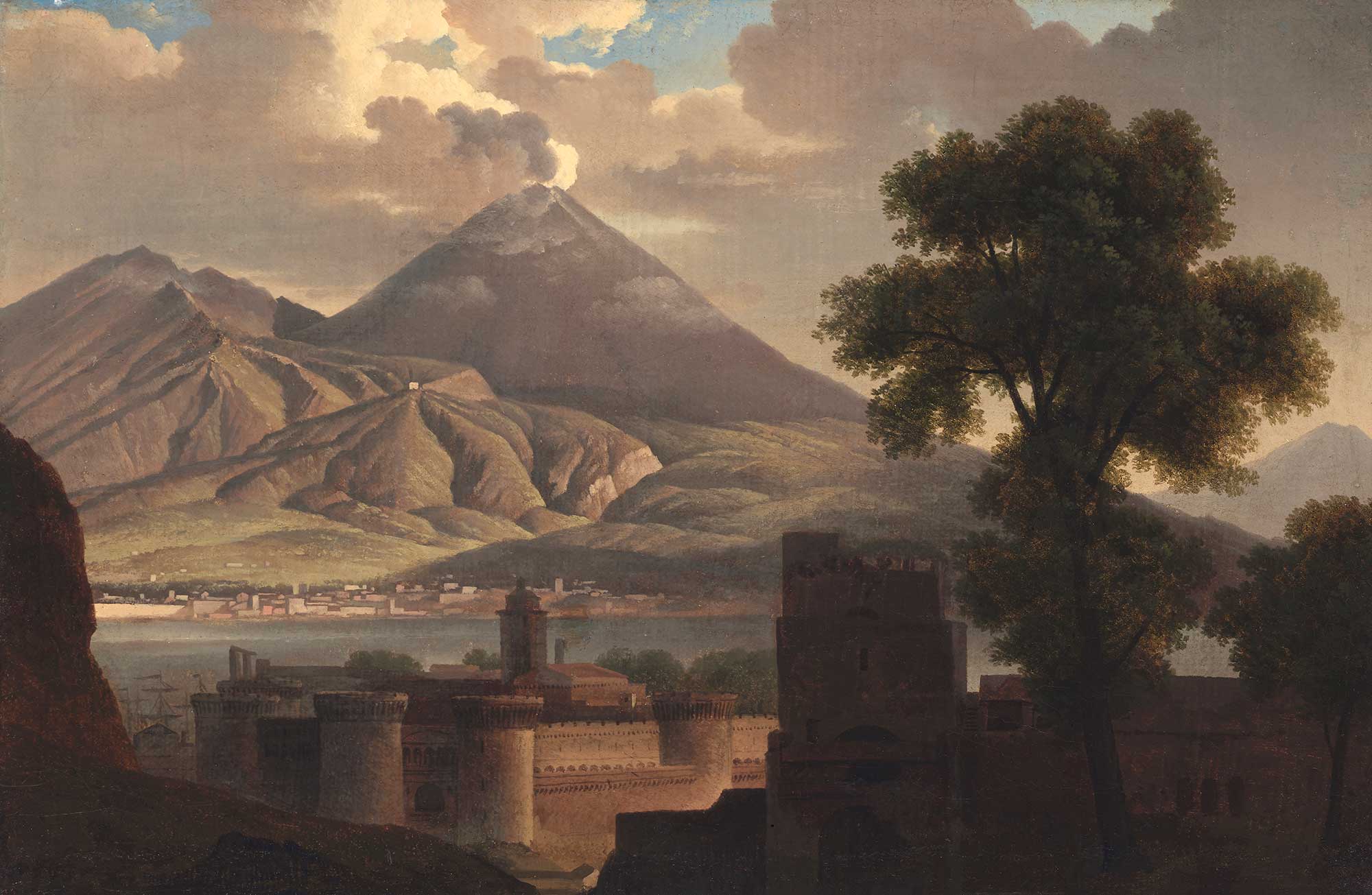 oil painting depicting landscape of Mount Vesuvius and the Bay of Naples