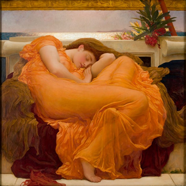 painting, Flaming June, of woman in repose in lush and vivid orange sheer garment