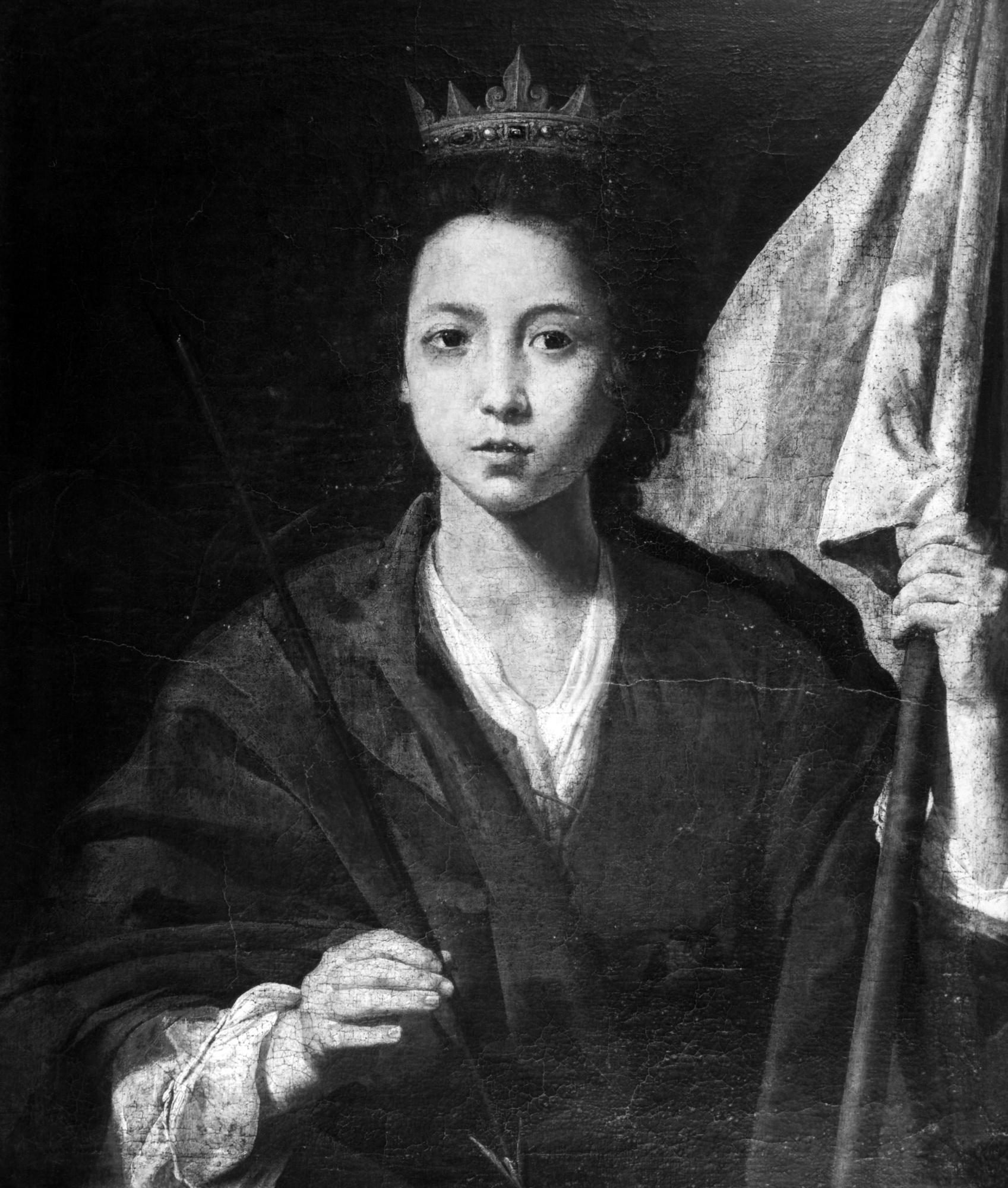 A half-length painting of a young woman wearing a crown and holding an arrow and a standard.
