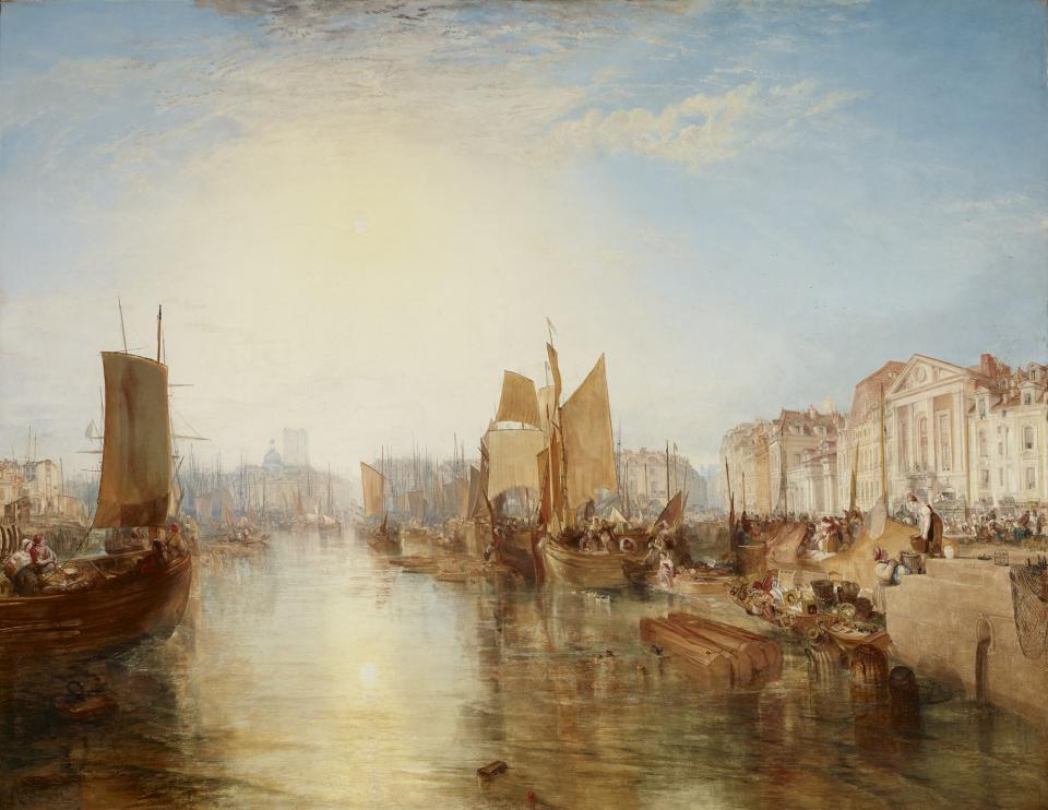 oil painting depicting harbor scene, showing full sky over docked ships and people interacting on land