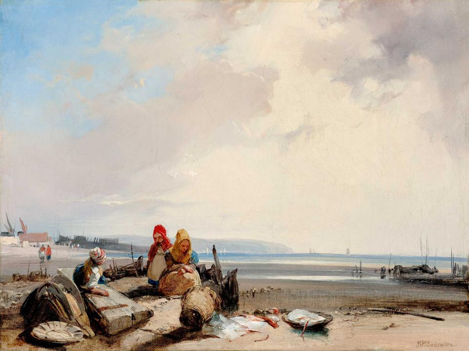 oil painting depicting three female figures on sandy shore