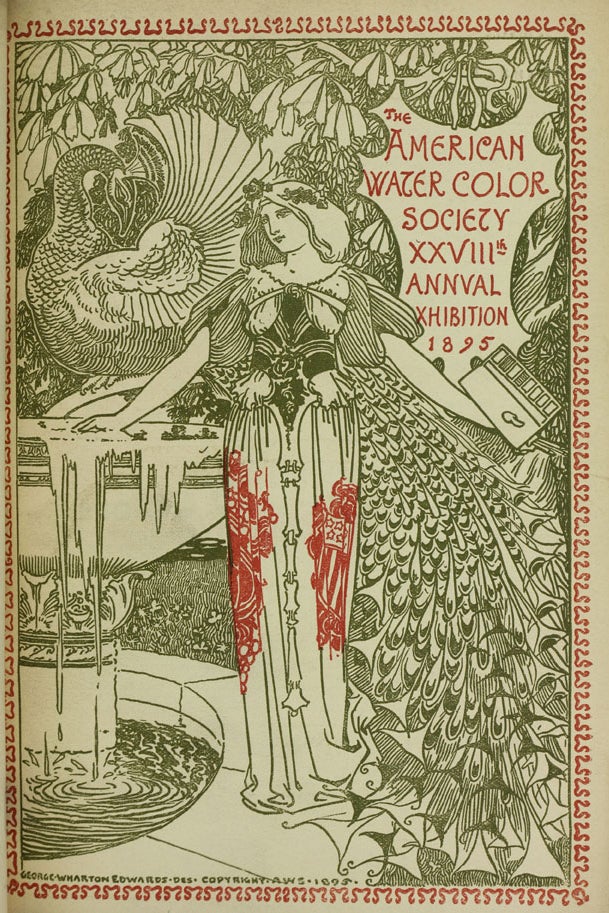 cover of The American Water Color Society, circa 1895, depicting green detailed drawing of woman, peacock an fountain