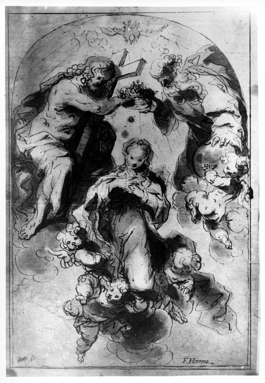 Drawing of a woman supported by small children with wings being crowned by two men.