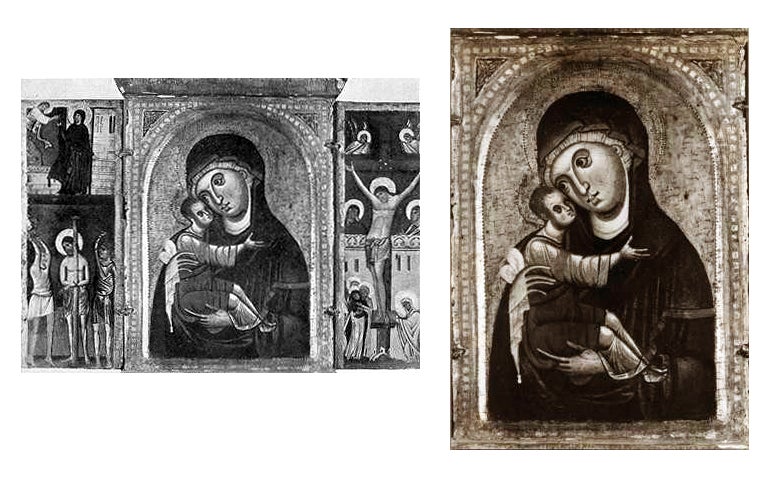 Two photographs of a small devotional altarpiece of the Madonna and Child