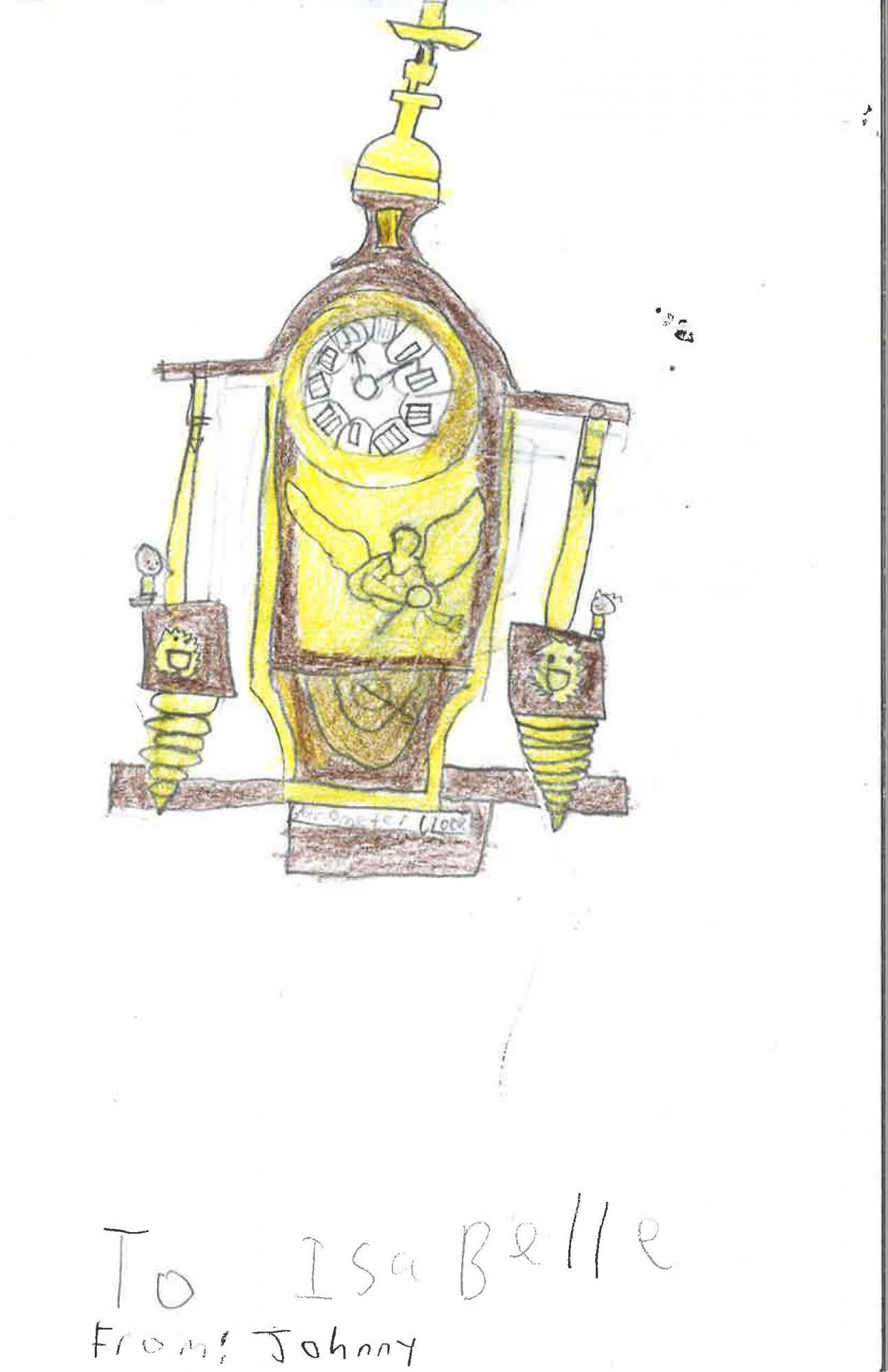 student drawing of clock and letter