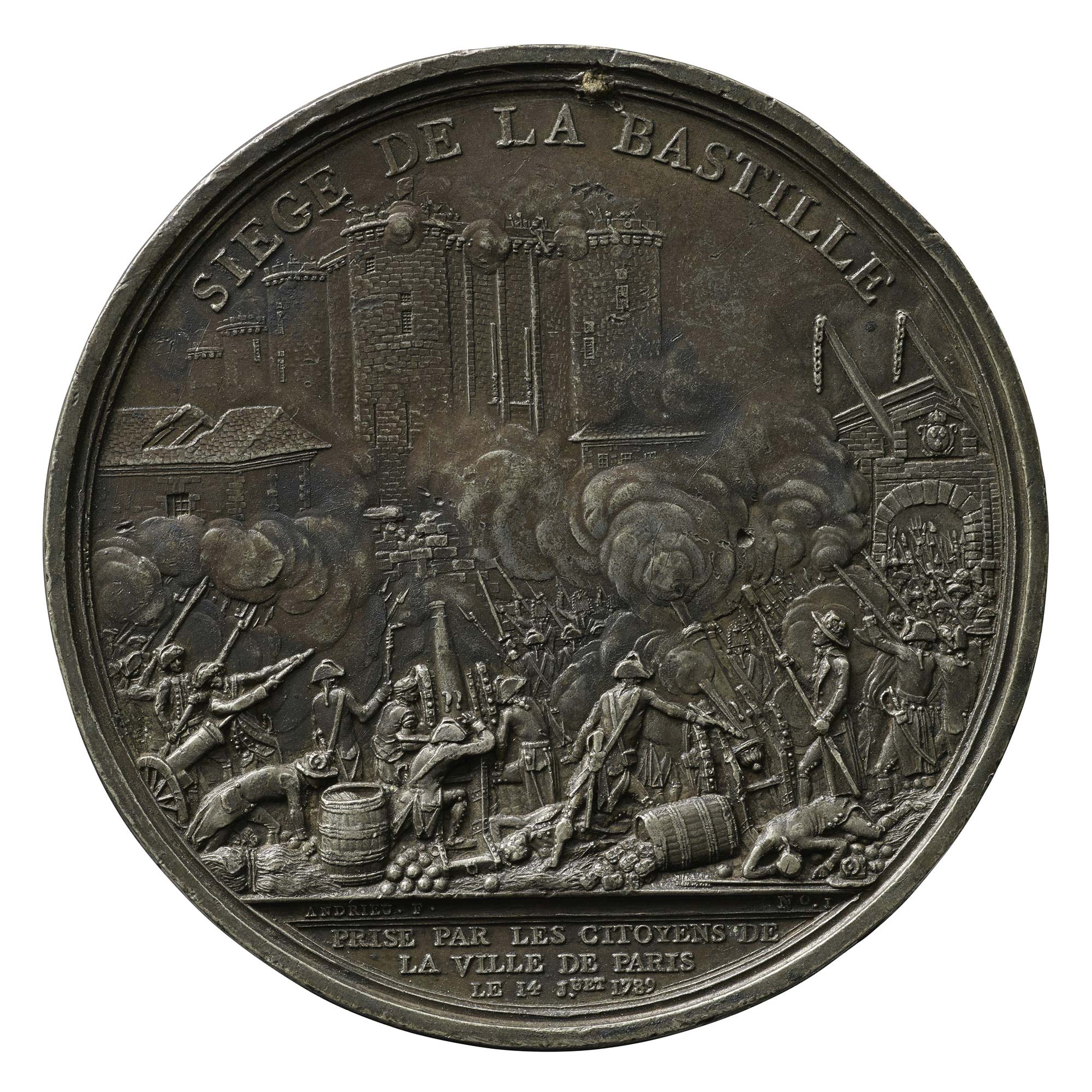 Lead medal depicting a crowd of armed citizens and members of the National Guard, surrounded by canons and barrels of ammunition, firing at the Bastille, from whose ramparts armed figures return fire 