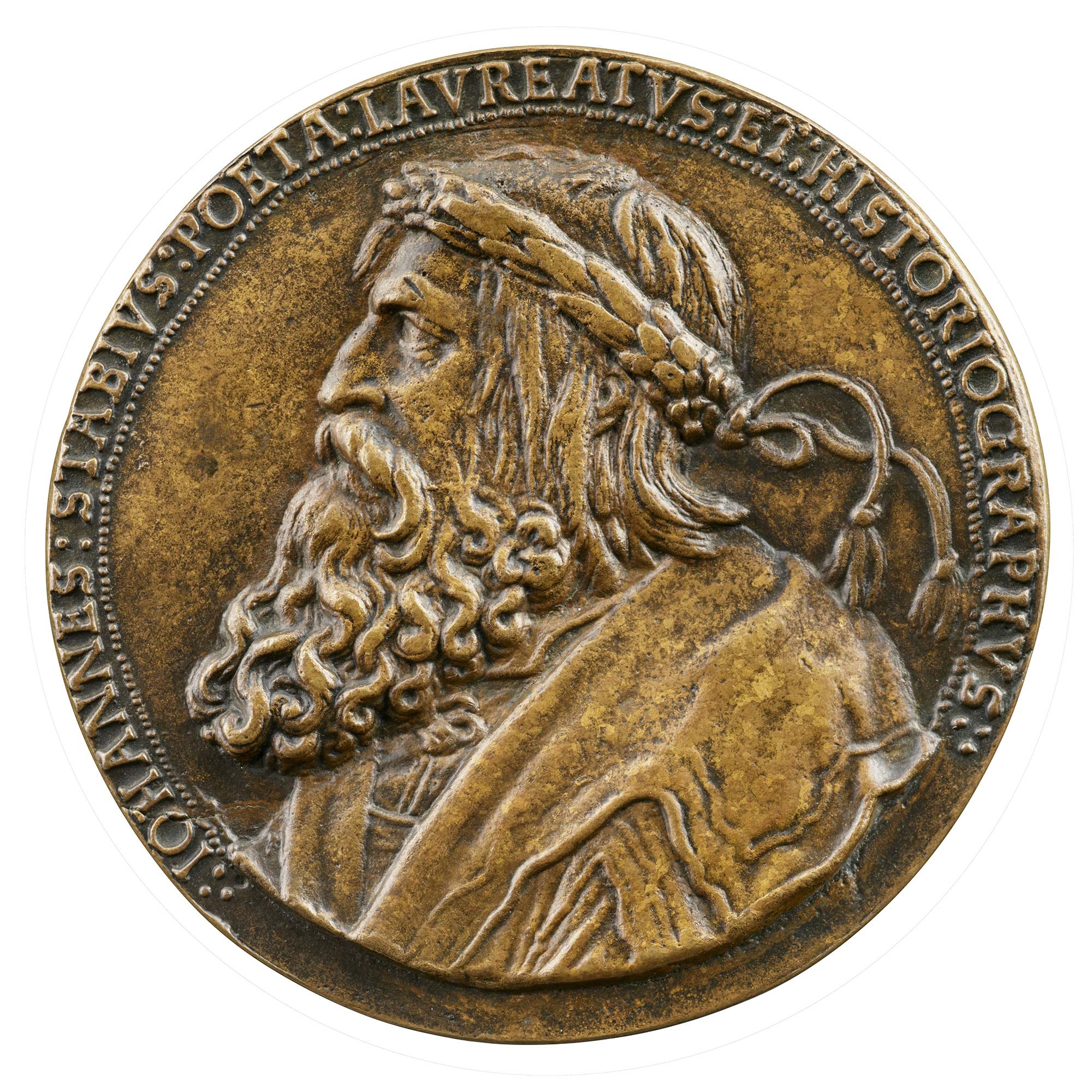 Bronze medal of a man wearing a cloak with a wide collar, and a laurel wreath on his head