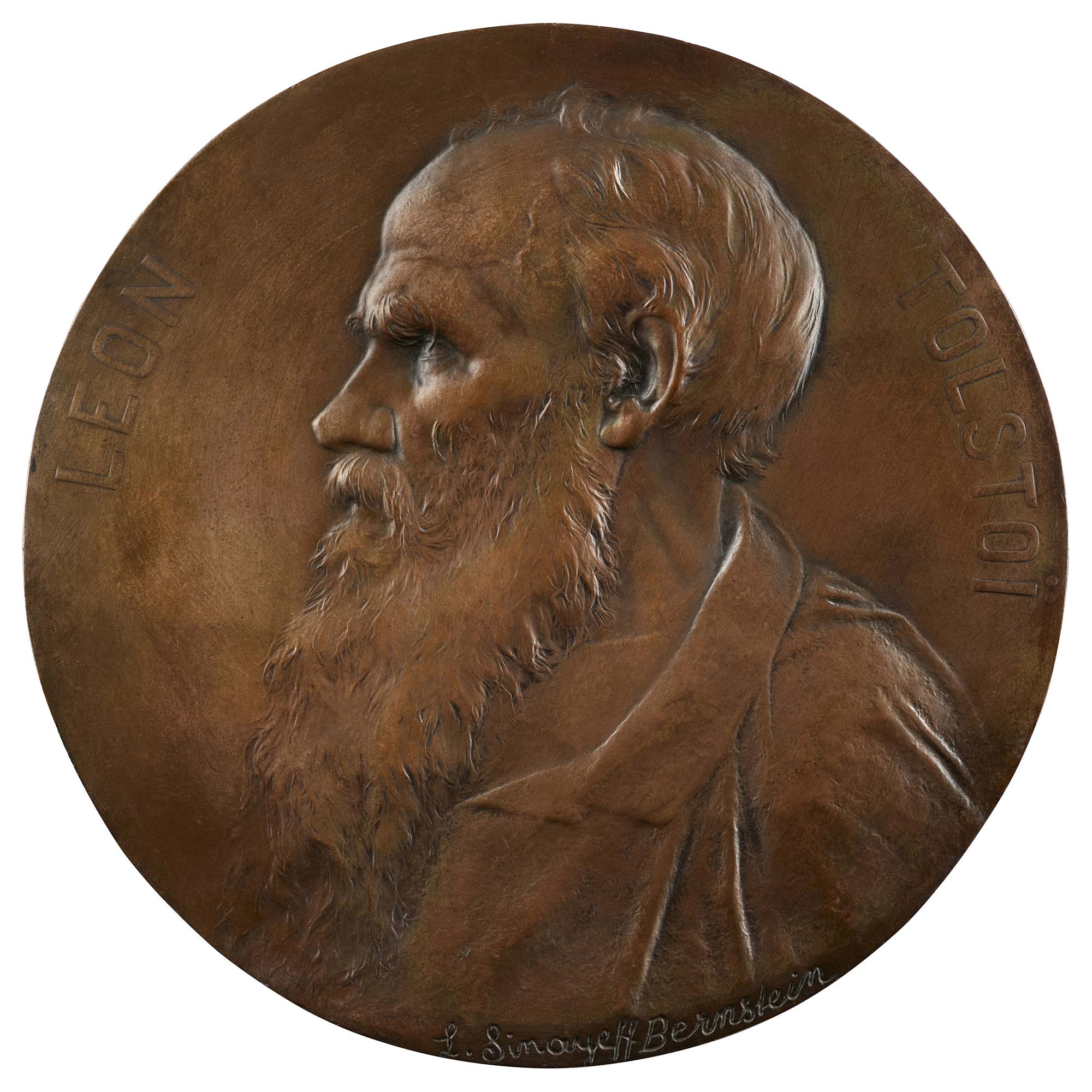 Bronze medal of a man wearing a long beard and an open wide shirt 