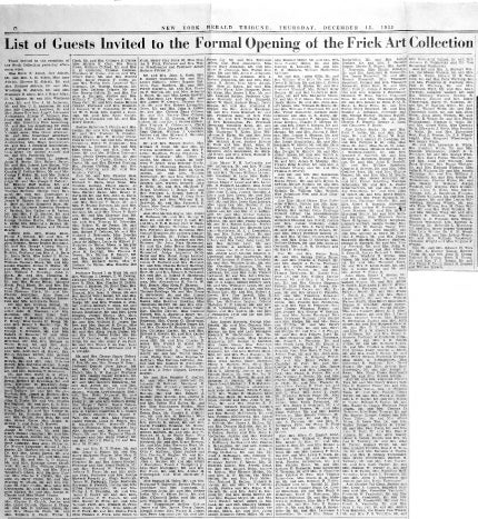 photo of newspaper spread with headline reading "List of Guests Formally Invited to The Frick Art Collection"