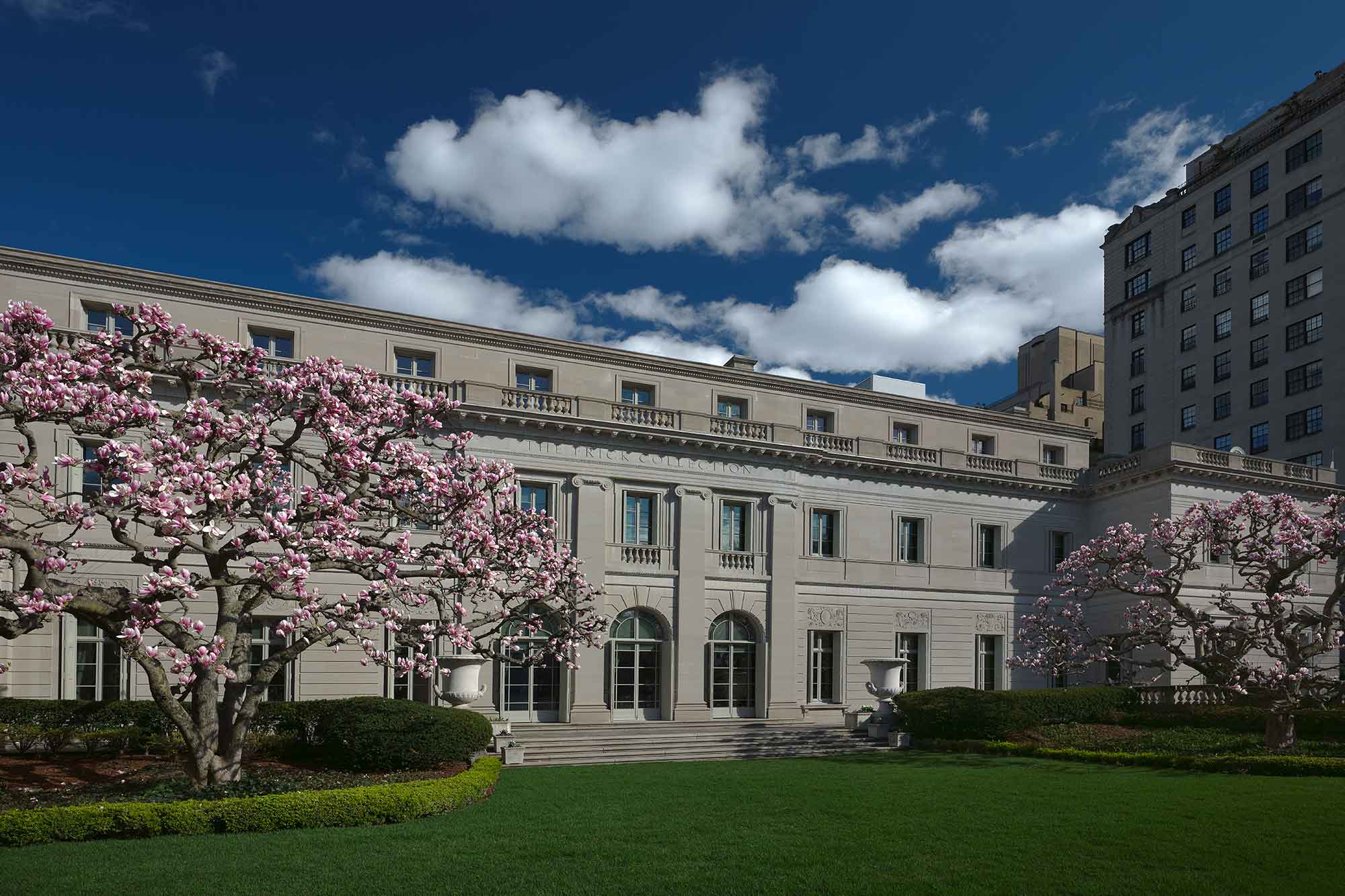 exterior of The Frick Collection with magnolia trees in bloom