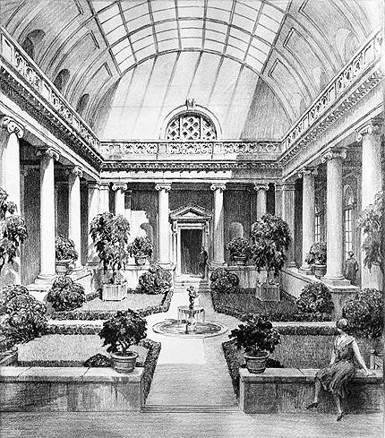 sketch for proposed Frick court, including fountain, plants, column, circa 1932