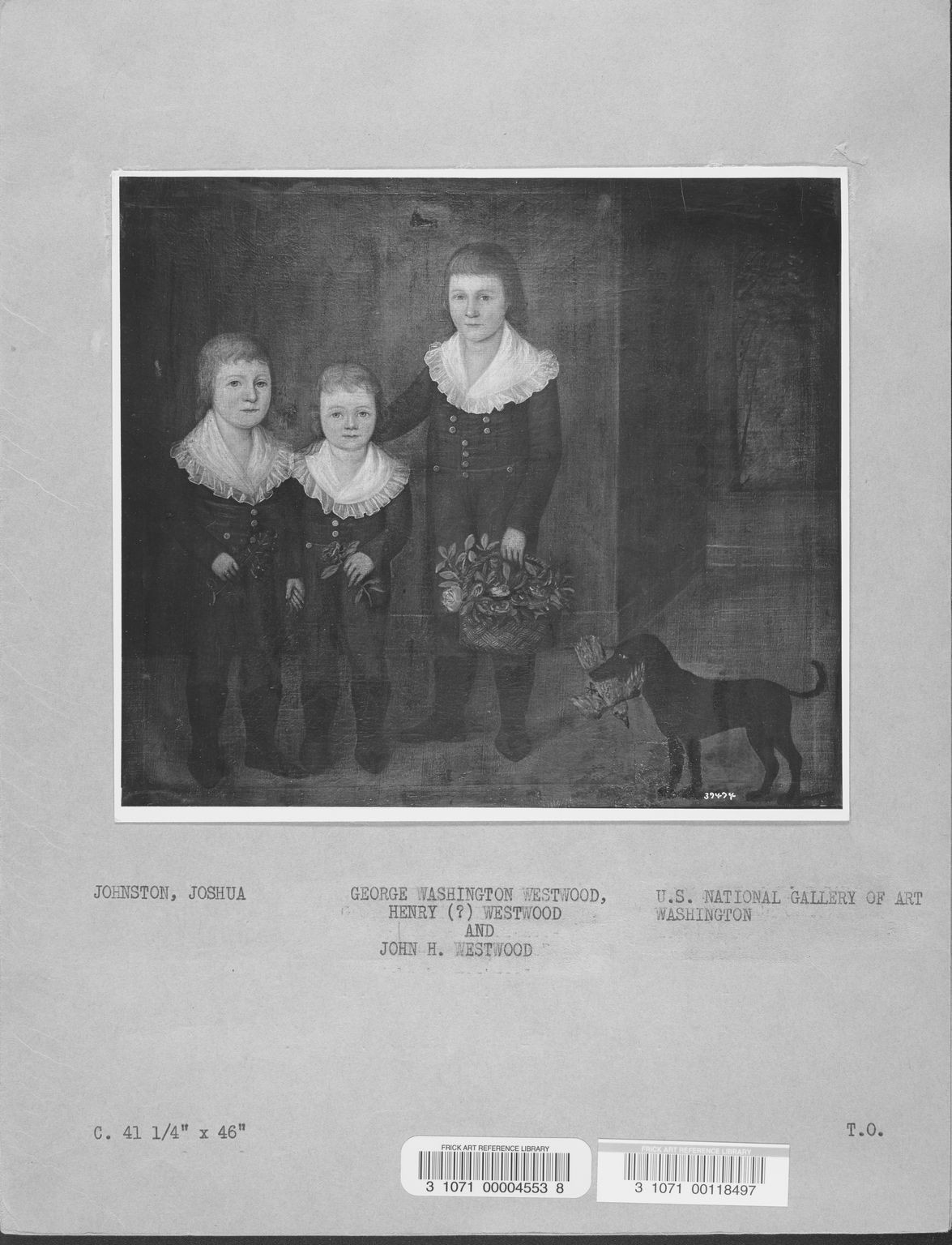 A black-and-white image of three children mounted on archival paper, labeled and barcoded.