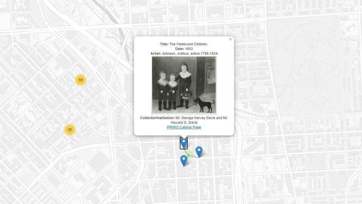 detail of digital map pinpointing the Joshua Johnson’s painting The Westwood Children