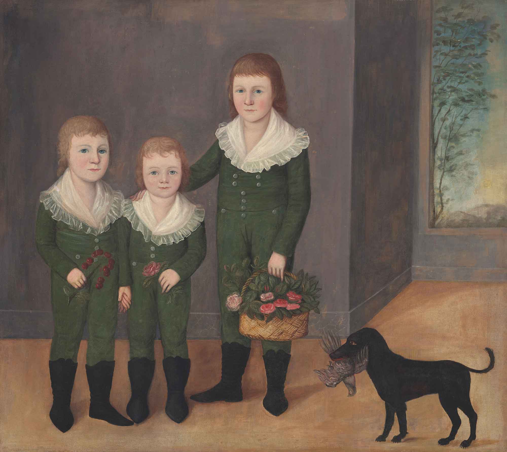 Oil painting of three children holding flowers and dressed identically in green suits with frilly white collars, along with a dog holding a dead bird in its mouth.