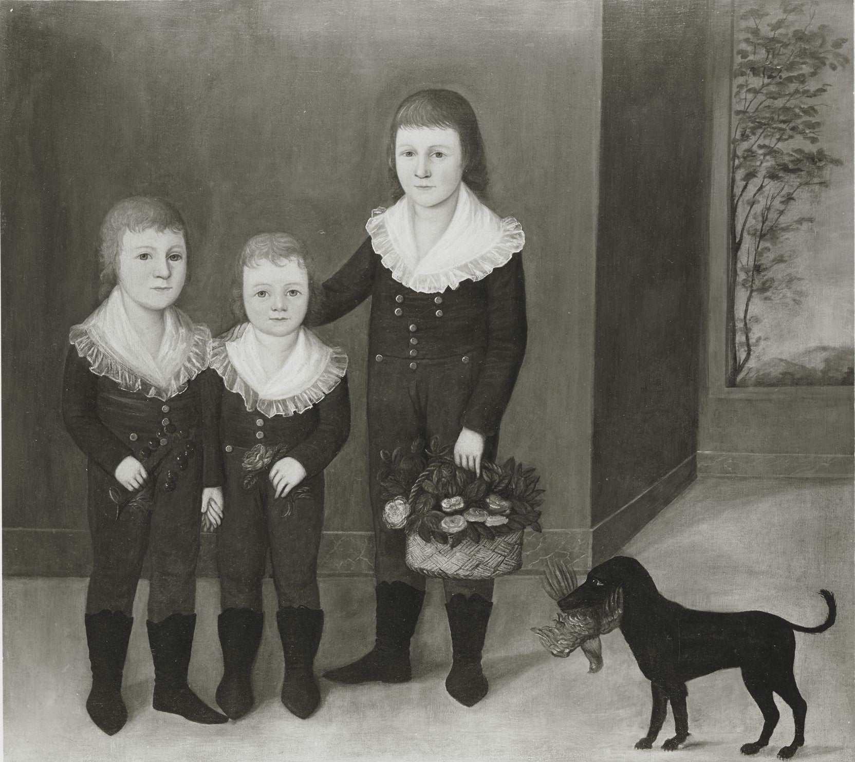 Black-and-white image of an oil painting of three children holding flowers