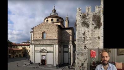 video still of the church of Santa Maria delle Carceri in Prato, with Xavier Salomon in corner window