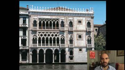 video still of Ca' d'Oro, a house museum in Venice, with Xavier Salomon in corner window