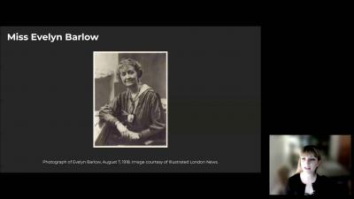 video still of webinar showing black and white image of woman and speaker