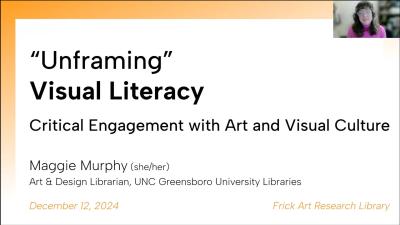 video still of online presentation with slide reading -unframing visual literacy