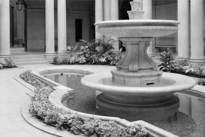 photo of fountain in garden court, circa 1960