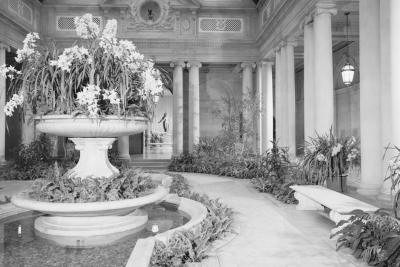 photo of garden court with fountain, skylight and columns, circa 1976