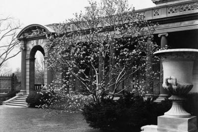 photo of portico or stone porch, alongside tree in garden, circa 1939