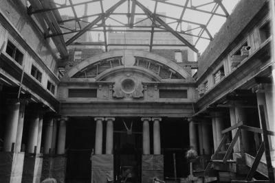 photo of garden court under construction with open ceiling, circa 1934