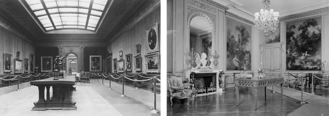 Two side-by-side black-and-white historical photos of The Frick Collection West Gallery and Fragonard room, each gallery featuring paintings and decorative arts with roped stanchions