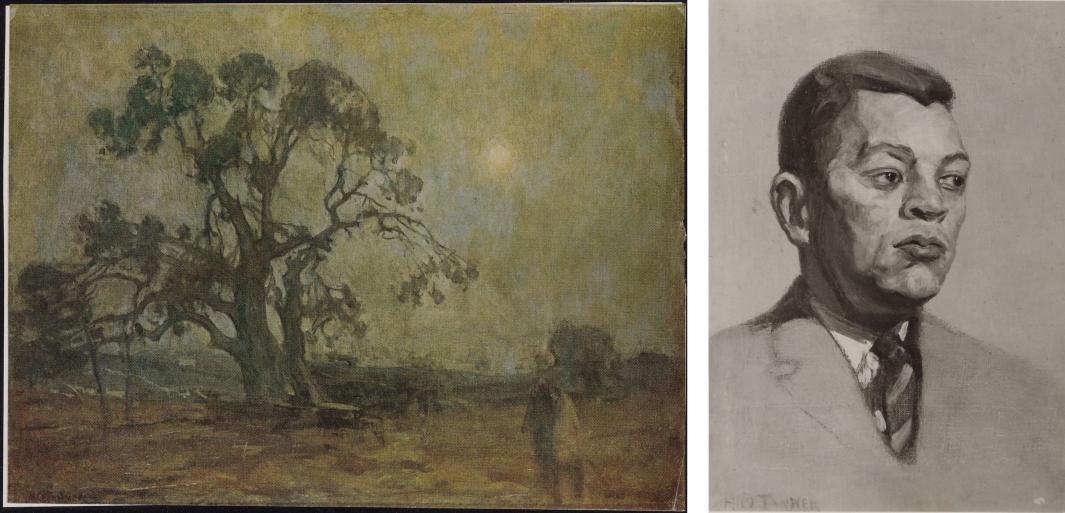 Side-by-side of two paintings. At left, a moody nighttime landscape with a prominent tree. At right, a portrait of a man in a suit.