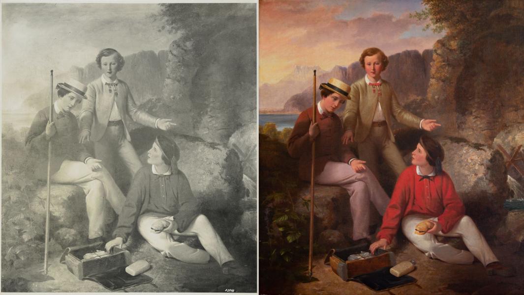 Side-by-side of oil painting of three boys on an outdoor picnic, with a glowing sunset in the background. The image at left is in black and white, and in full color at right.